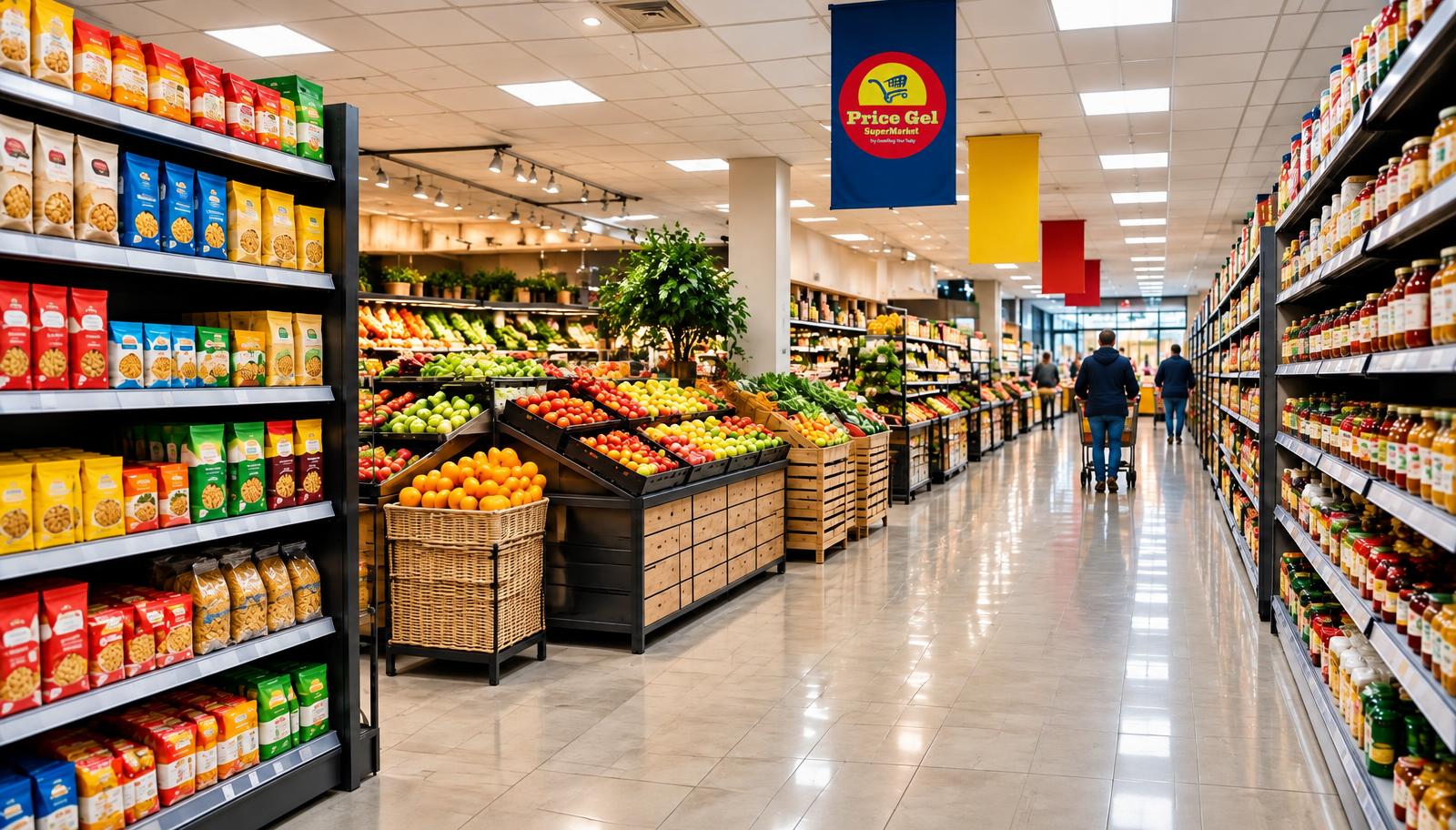 Supermarket aisles stocked with groceries and fresh produce